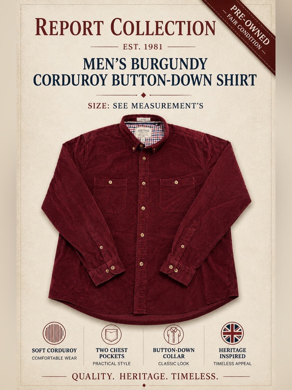 Heritage 1981 Men's Burgundy Corduroy Button-Down Shirt